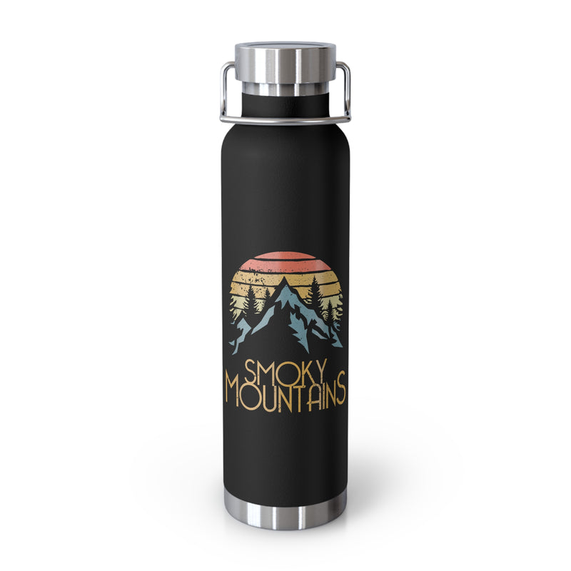 Scenic Great Smoky Mountains water bottle with a colorful sunset and mountain design.