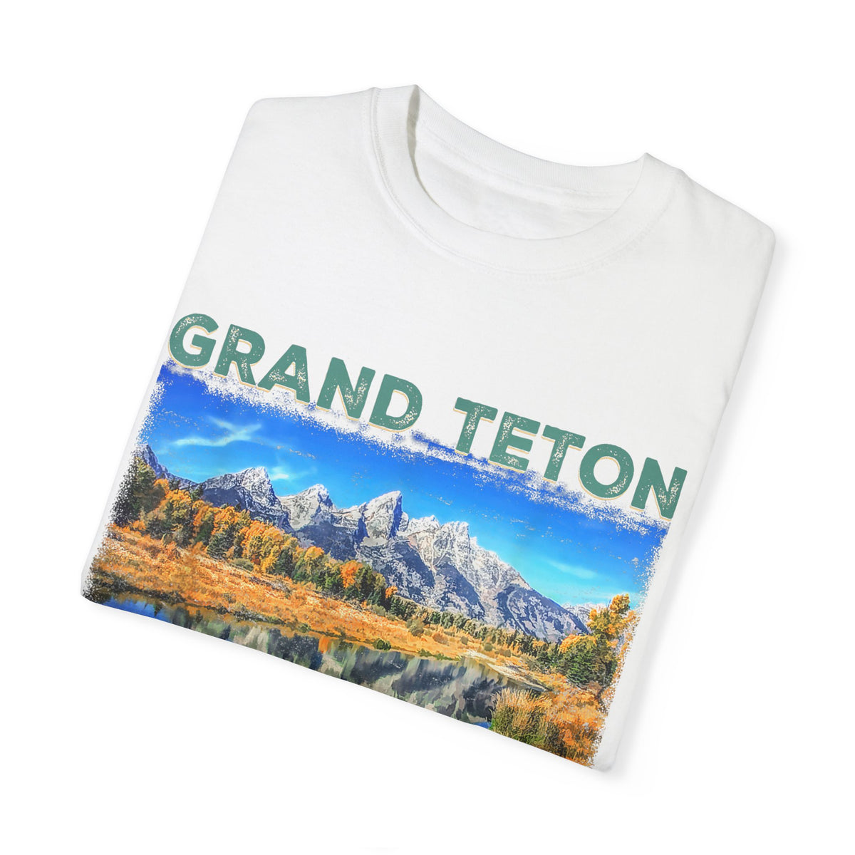 Grand Teton National Park T-shirt featuring a graphic design of a mountain and lake scene.