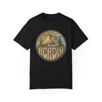 Acadia National Park T-shirt featuring a graphic design with mountains, trees, and a sunrise, with "Acadia" text.