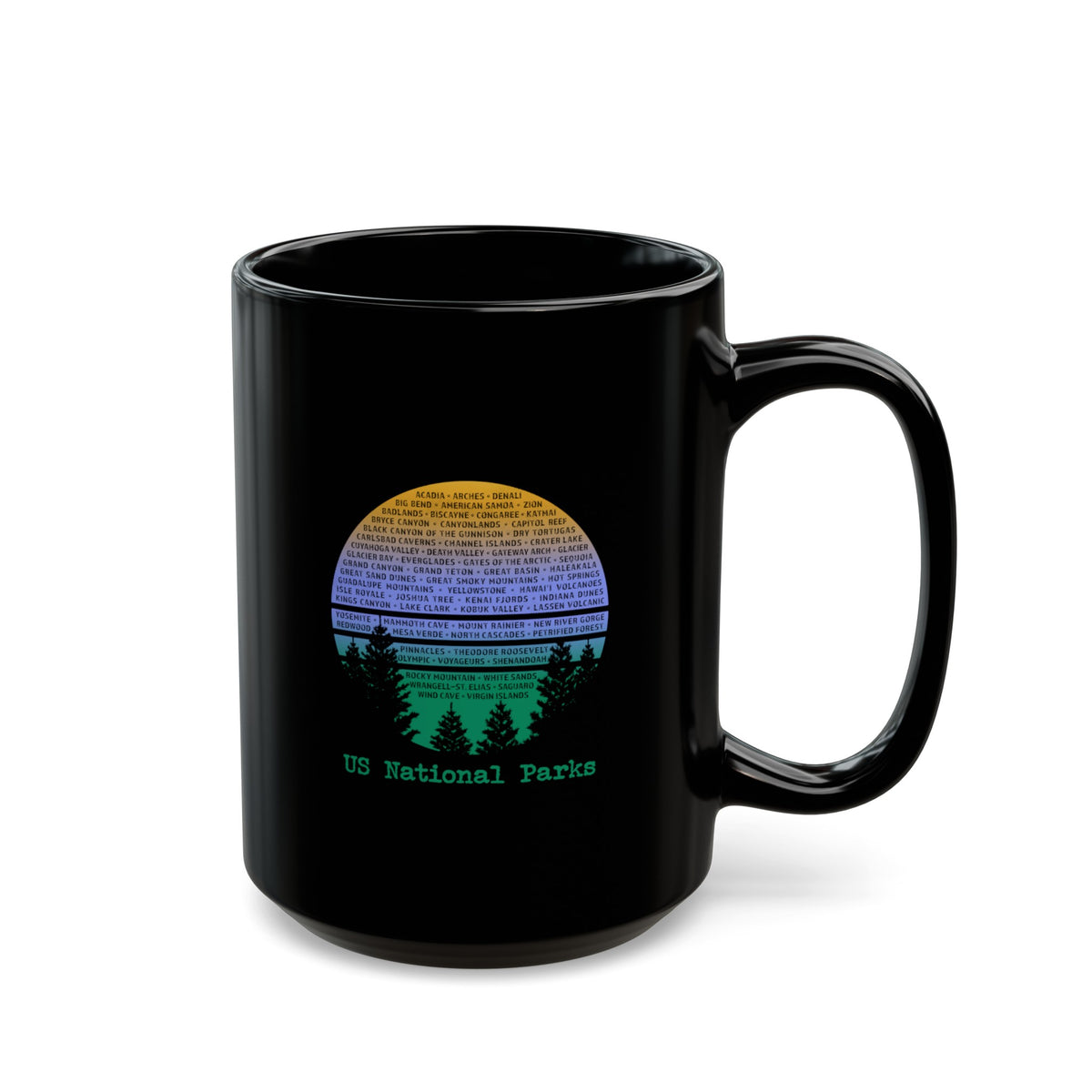 Black ceramic mug featuring a sunset design with trees and the text "US National Parks."