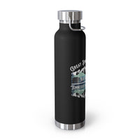 Stainless steel water bottle featuring a Great Smoky Mountains National Park design with a mountain scene illustration, durable powder-coated finish.