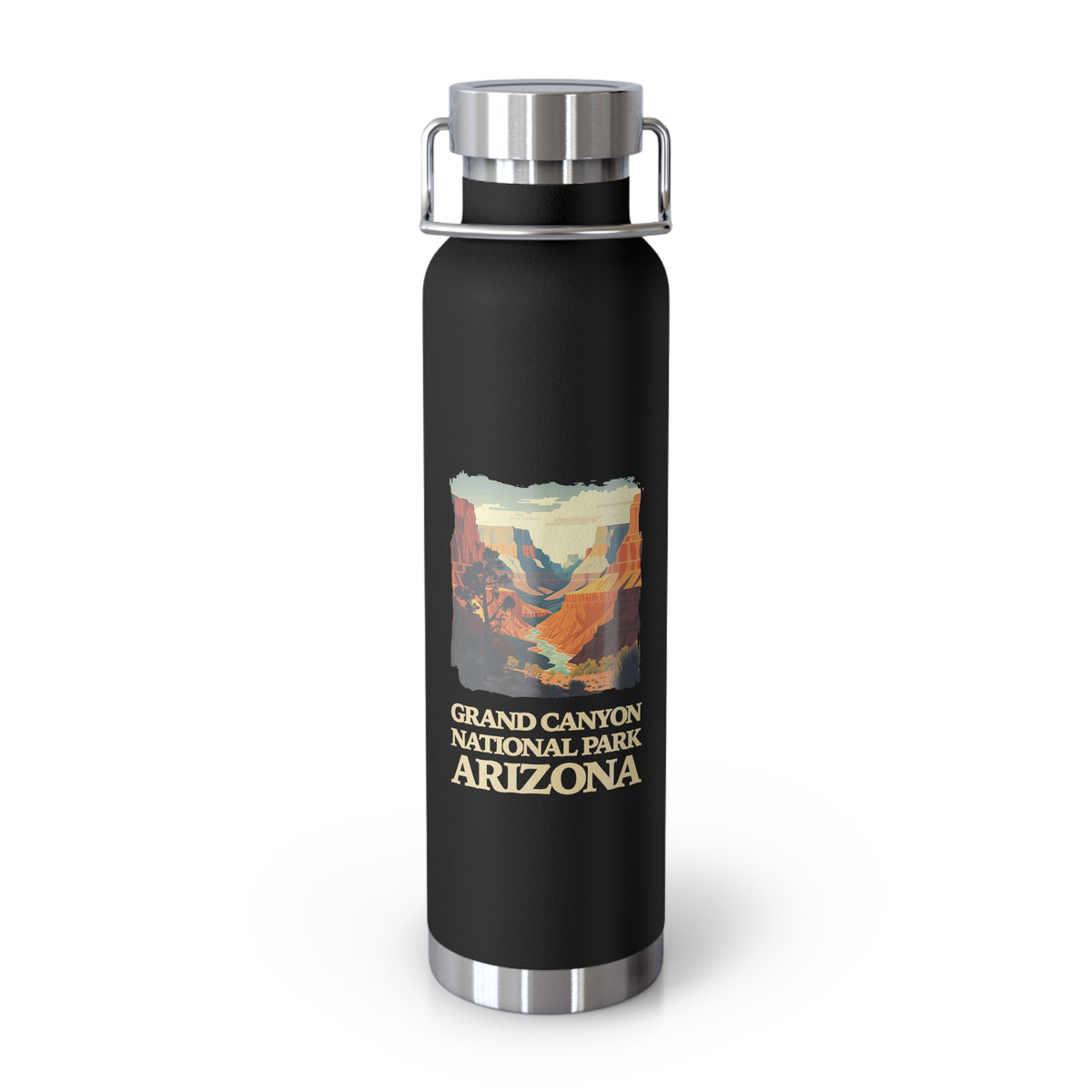 Grand Canyon National Park souvenir water bottle featuring a scenic design of the canyon and Arizona landscape, stainless steel construction.