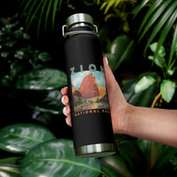 Image of a stainless steel water bottle featuring a landscape design from Zion National Park in Utah.