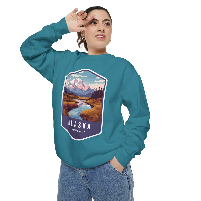 Cozy Alaska Juneau Sweatshirt - Scenic Mountain River Design - Unisex Garment-Dyed Cozy Fleece