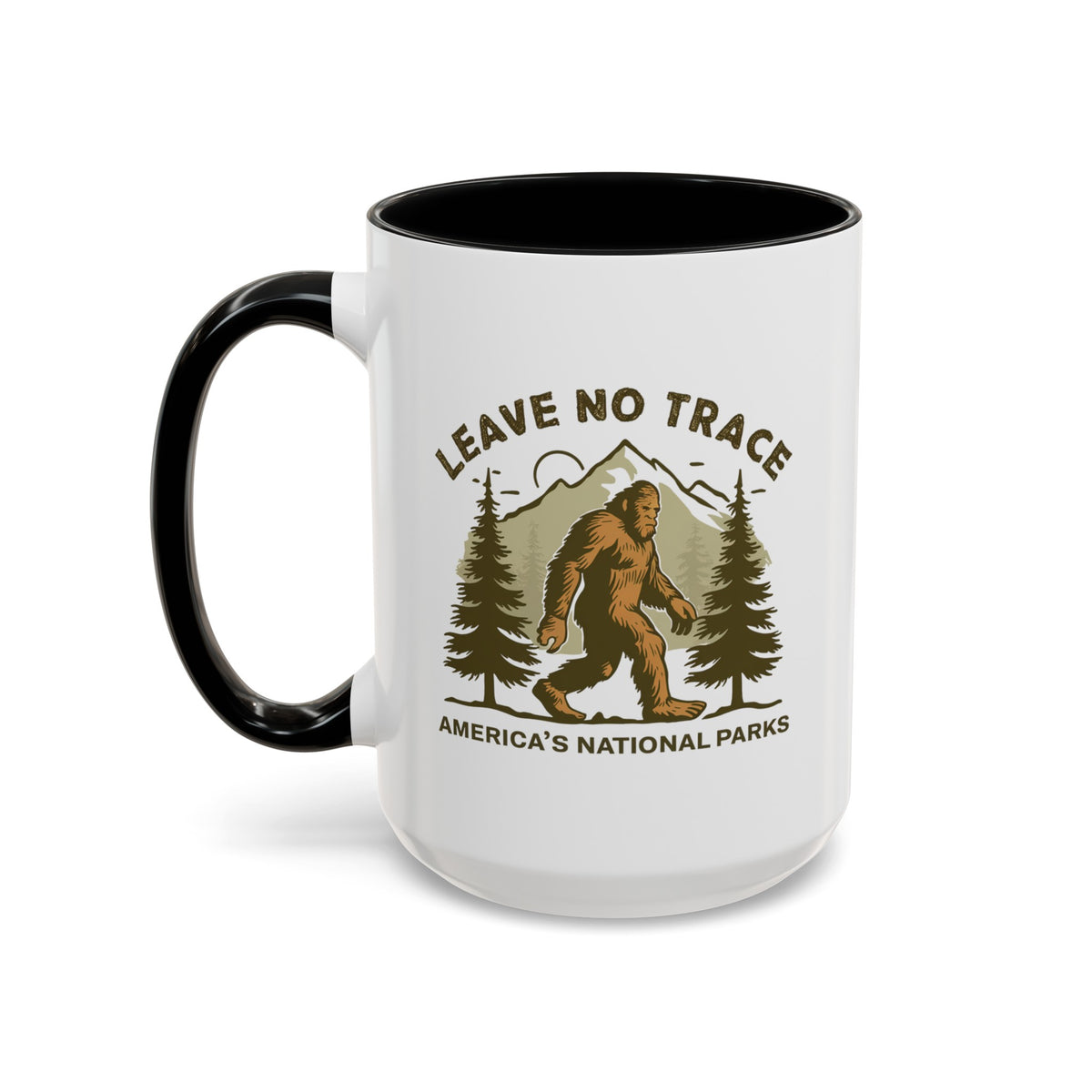 15 oz black Bigfoot souvenir mug with "Leave No Trace" text, trees, and mountains in the background, from America's National Parks.