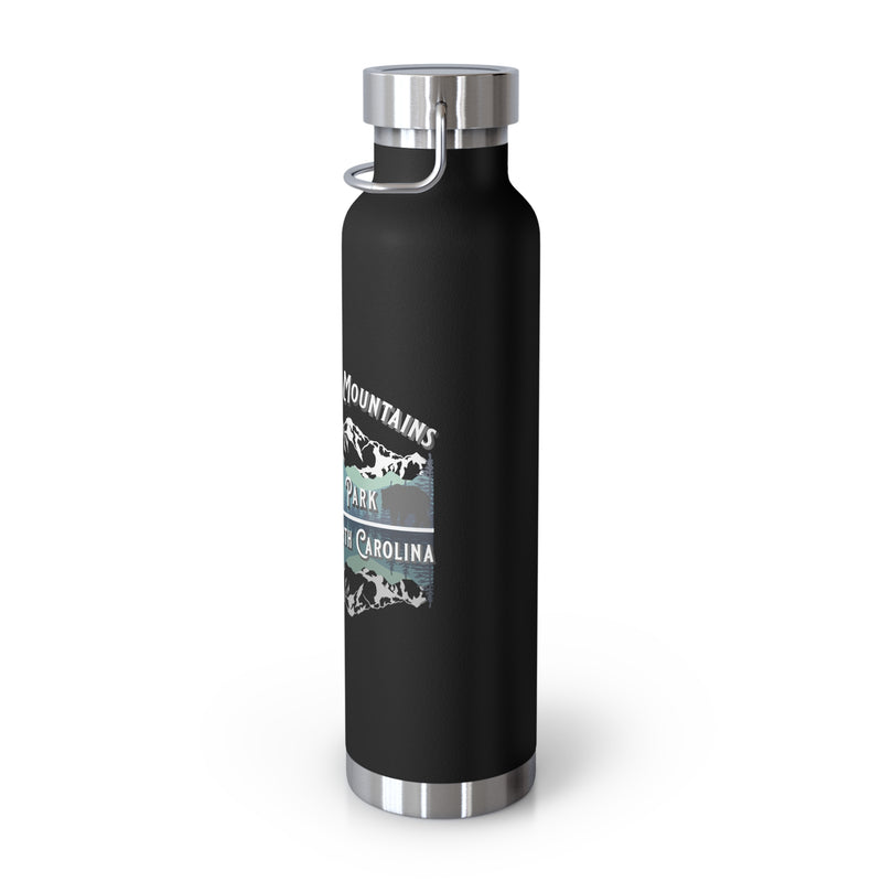 Stainless steel water bottle featuring a Great Smoky Mountains National Park design with a mountain scene illustration, durable powder-coated finish.