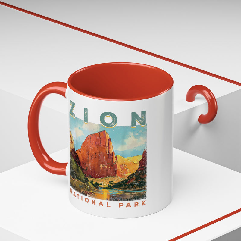 Ceramic mug featuring a scenic design of Zion National Park, ideal as a souvenir.