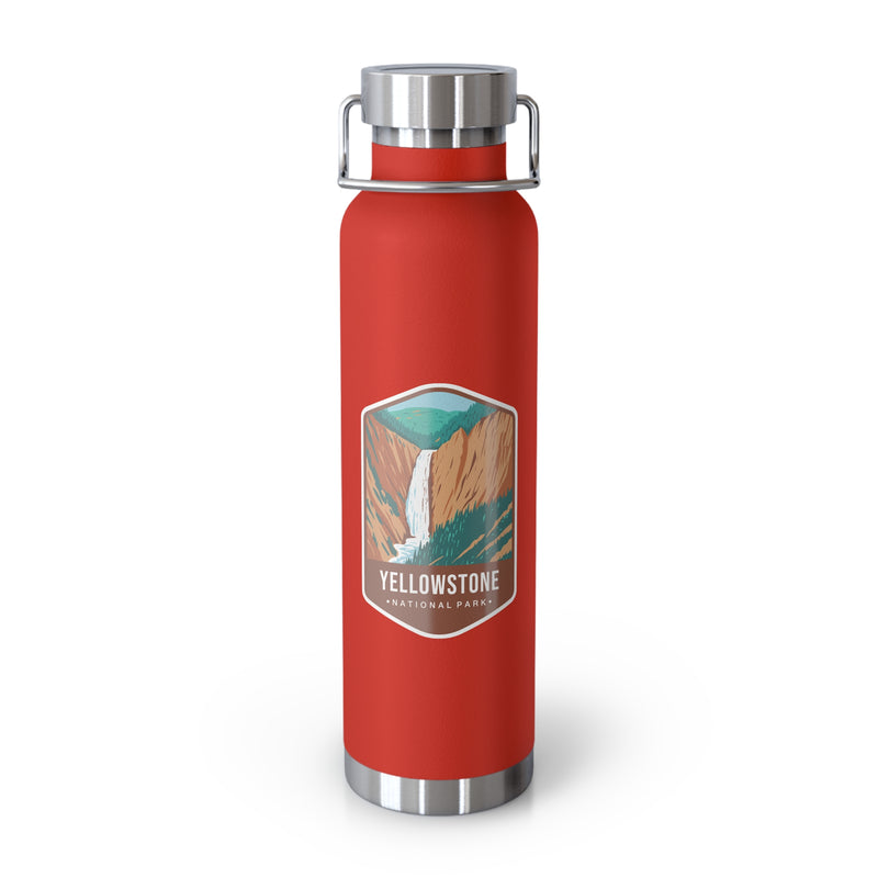 Red stainless steel water bottle featuring a design of Yellowstone National Park with a waterfall and canyon scenery.