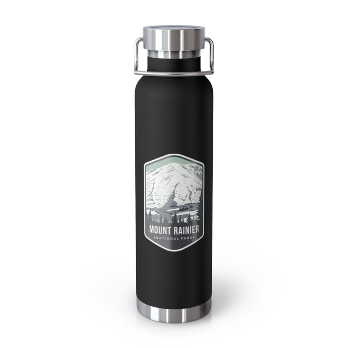 Black stainless steel water bottle with a scenic design of Mount Rainier National Parks