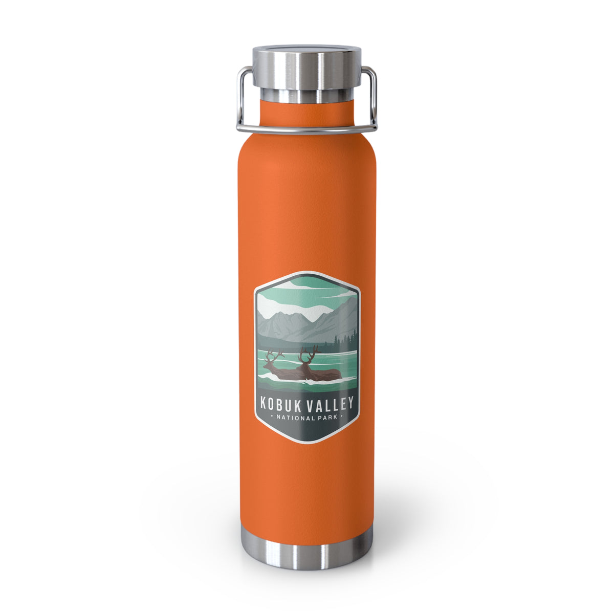 Orange stainless steel water bottle with a scenic design of Kobuk Valley National Park.