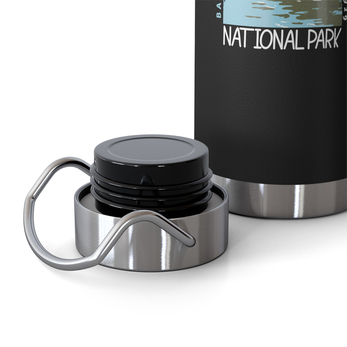 Stainless steel water bottle featuring an Acadia National Park design with a lighthouse and coastal illustration, durable powder-coated finish.