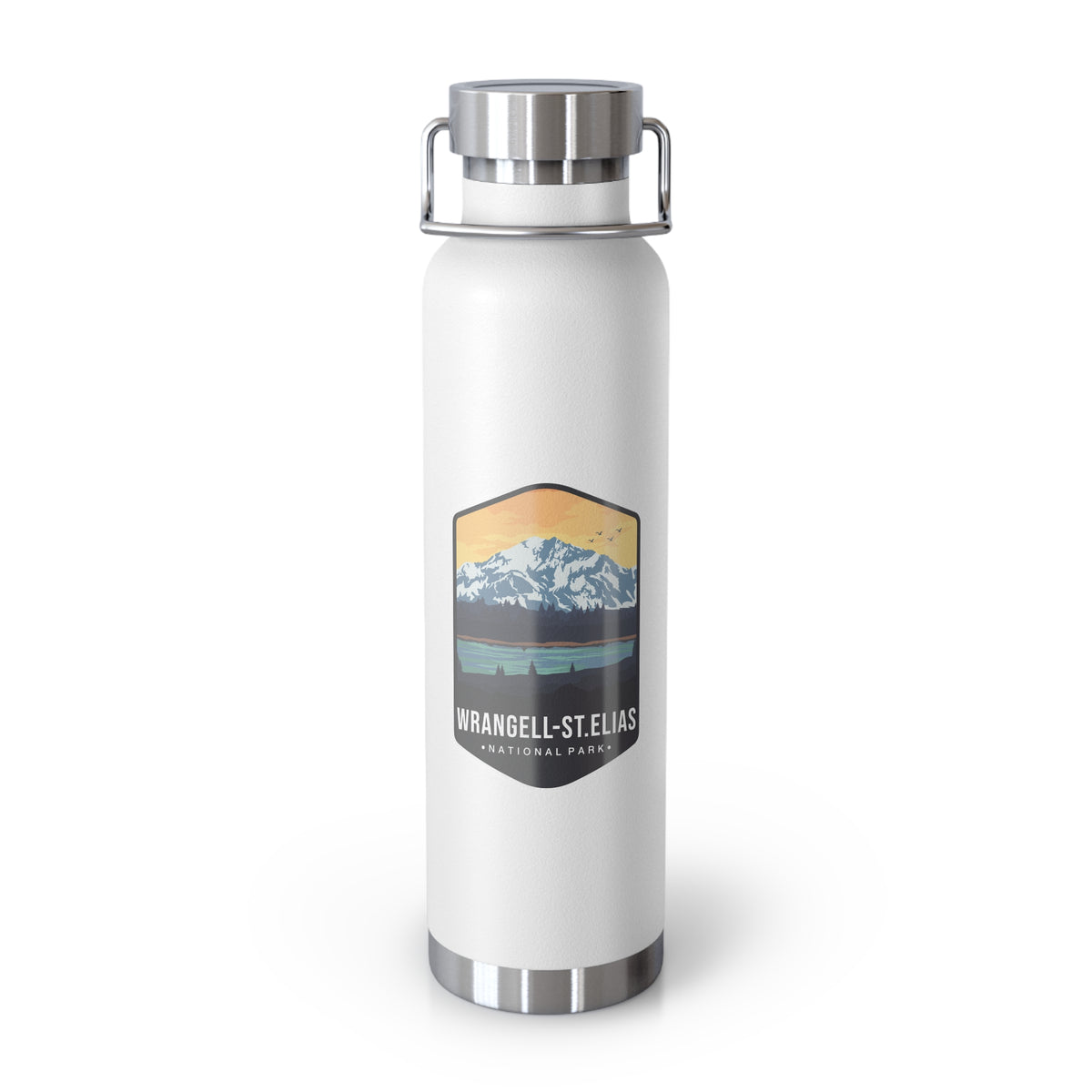 White stainless steel water bottle featuring a design of Wrangell-St. Elias National Park with mountain and sunset scenery.