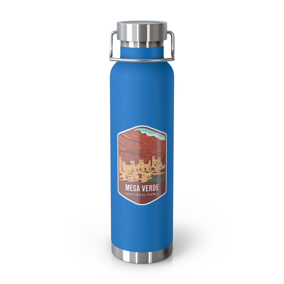 Pebble blue stainless steel water bottle with a scenic design of Mesa Verde National Park.