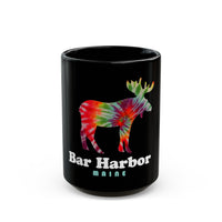 Ceramic mug featuring a colorful moose design and the text "Bar Harbor Maine."