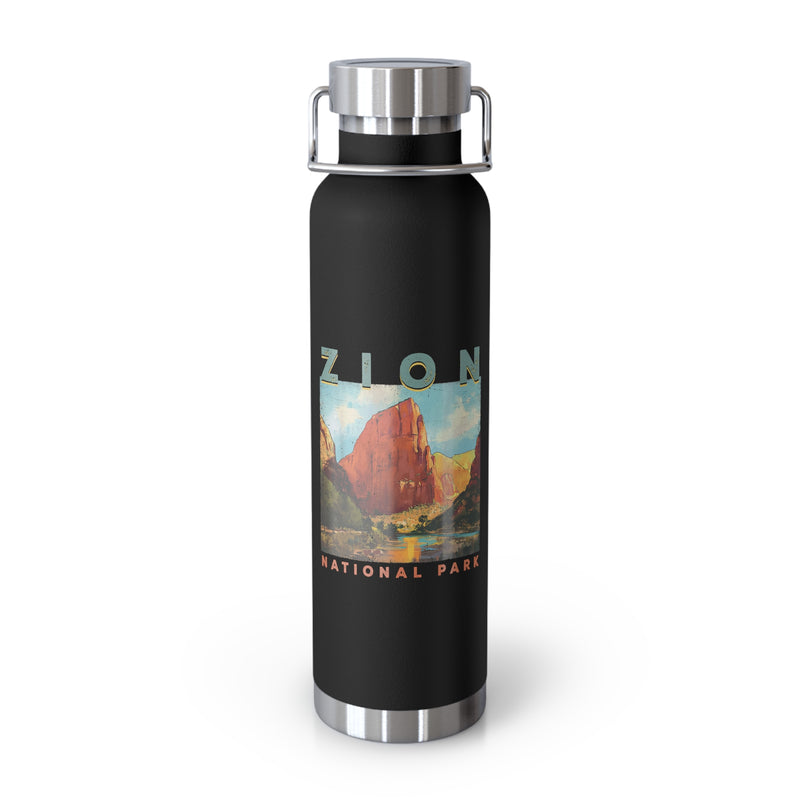 Image of a stainless steel water bottle featuring a landscape design from Zion National Park in Utah.