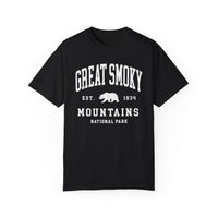 T-shirt featuring a bear silhouette and the text "Great Smoky Mountains National Park" with an established date.