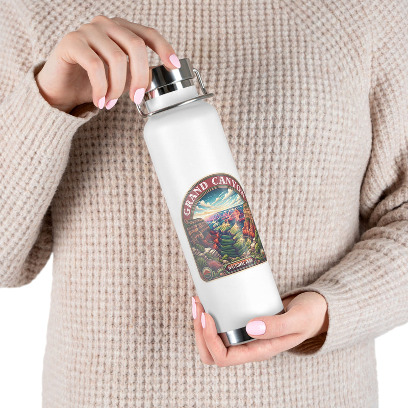 Grand Canyon National Park souvenir water bottle featuring a scenic artwork design and stainless steel construction.