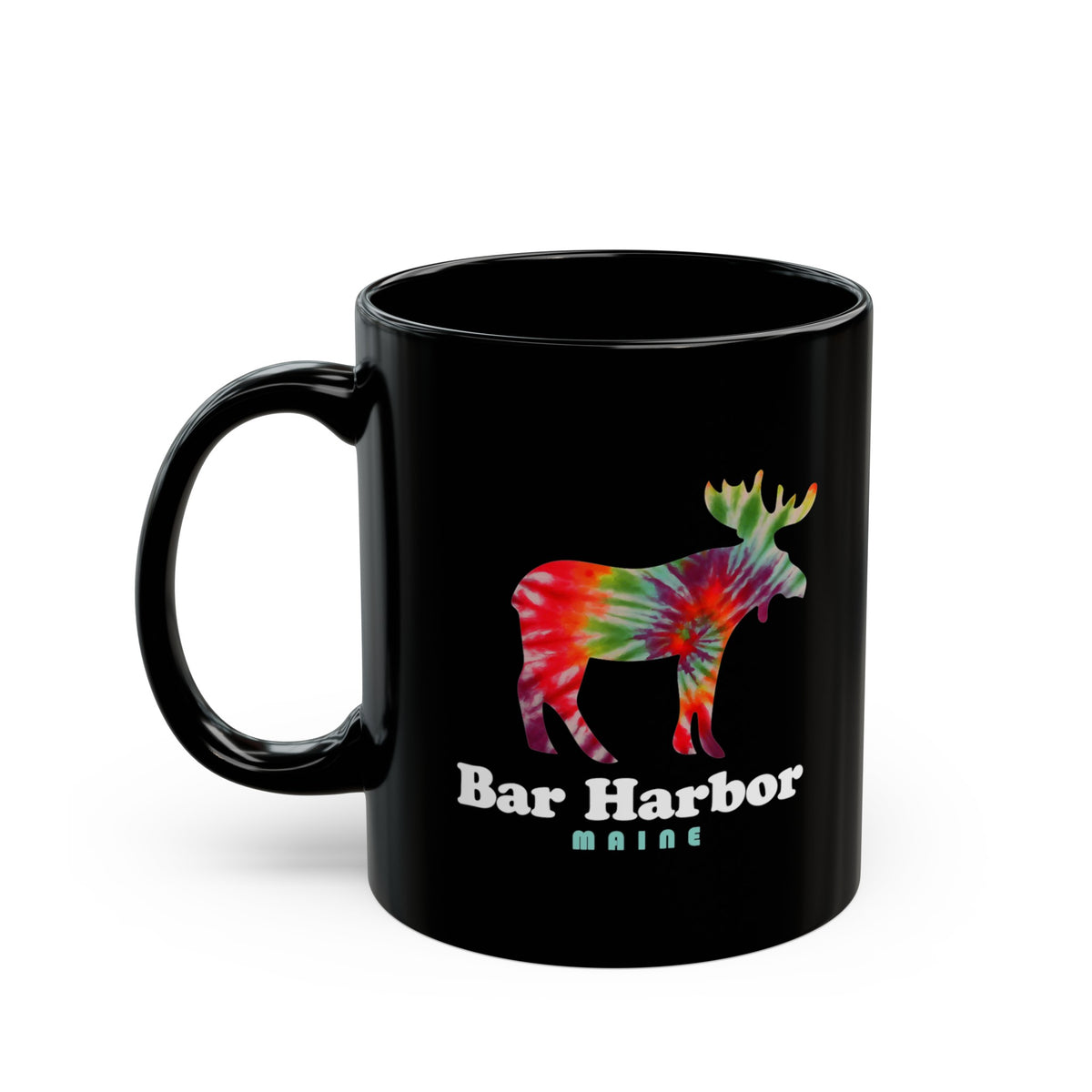 Ceramic mug featuring a colorful moose design and the text "Bar Harbor Maine."