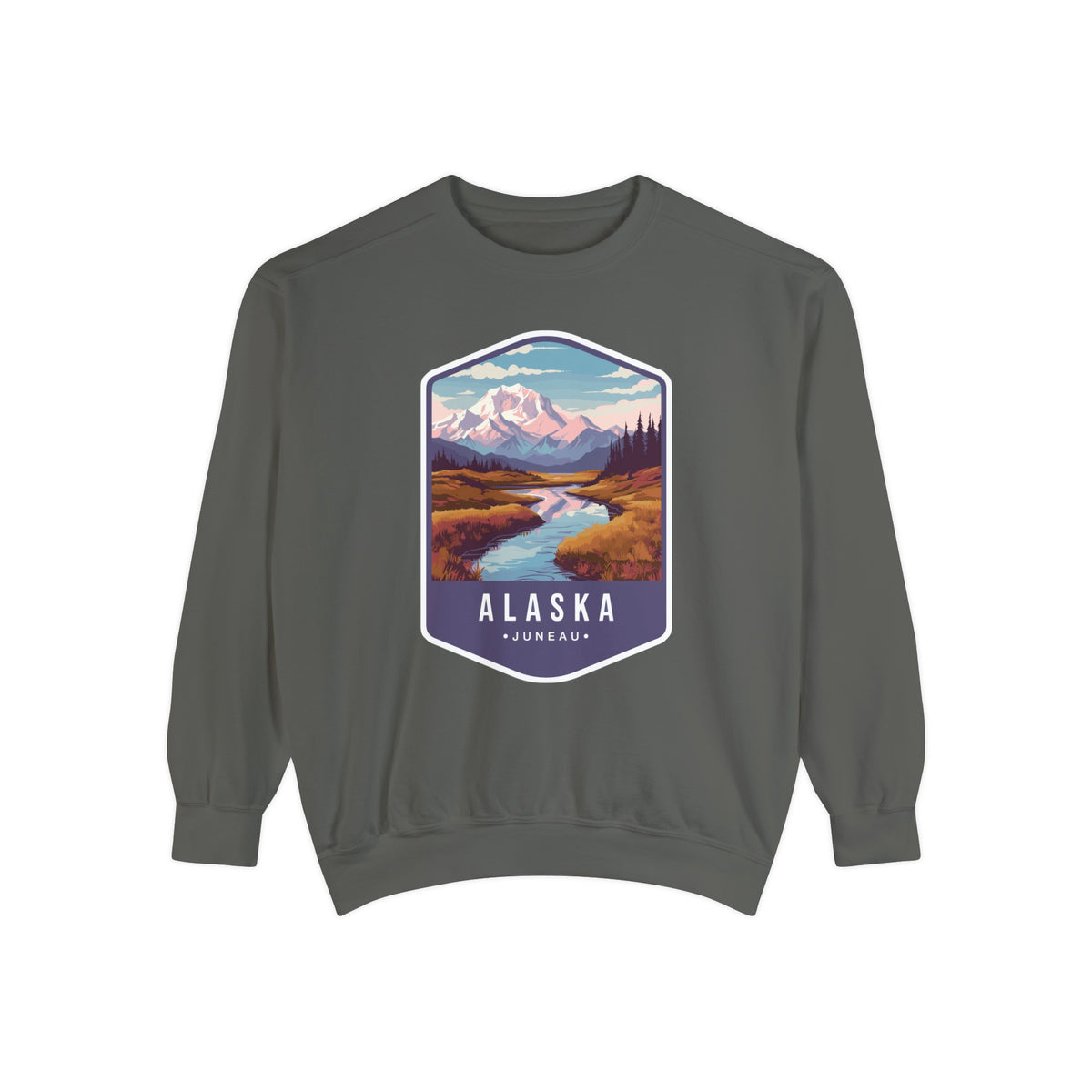 Cozy Alaska Juneau Sweatshirt - Scenic Mountain River Design - Unisex Garment-Dyed Cozy Fleece