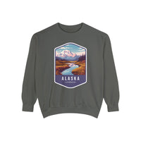 Cozy Alaska Juneau Sweatshirt - Scenic Mountain River Design - Unisex Garment-Dyed Cozy Fleece