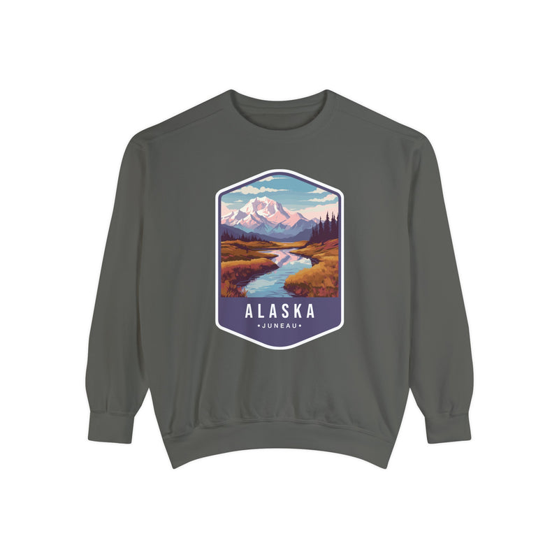 Cozy Alaska Juneau Sweatshirt - Scenic Mountain River Design - Unisex Garment-Dyed Cozy Fleece