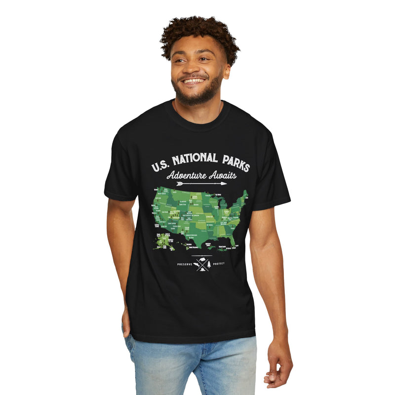 Adventure Awaits Green US National Parks Souvenir Tee