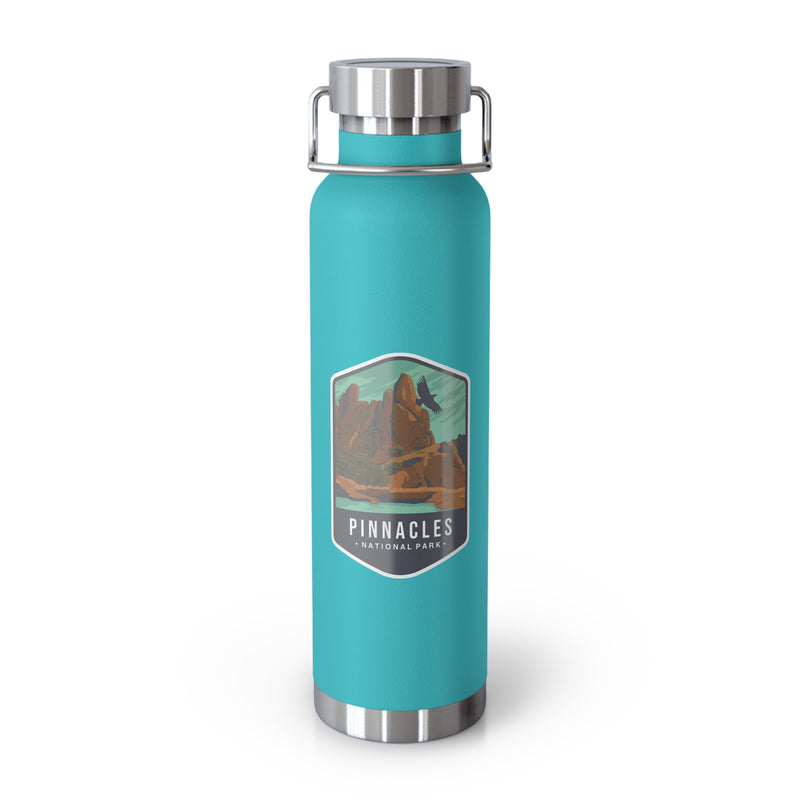 Green mint stainless steel water bottle featuring a design of Pinnacles National Park with rock formations.