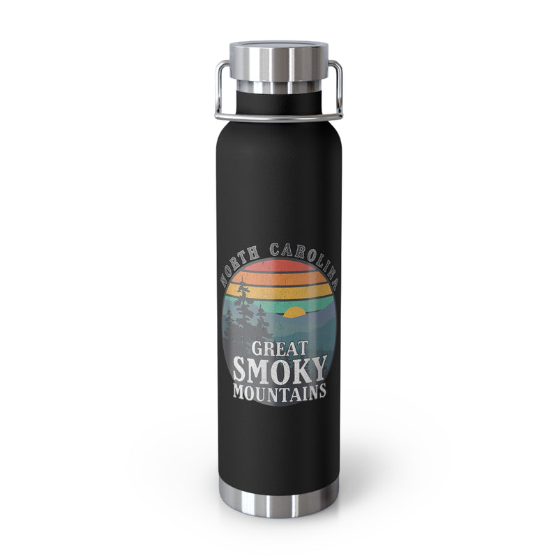 Great Smoky Mountains National Park NC souvenir bottle featuring a sunset scene and mountain design.