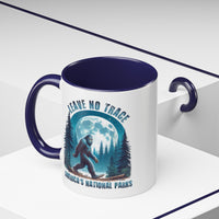 11 oz navy ceramic mug with Bigfoot graphic and "Leave No Trace" text, featuring Yosemite National Park scenery.