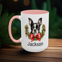 Personalized Boston Terrier Christmas Mug, Custom Dog Name Ceramic Mug, 11oz or 15oz