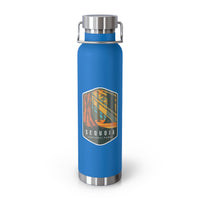 Pebble Blue stainless steel water bottle featuring a design of Sequoia National Park with tall sequoia trees.