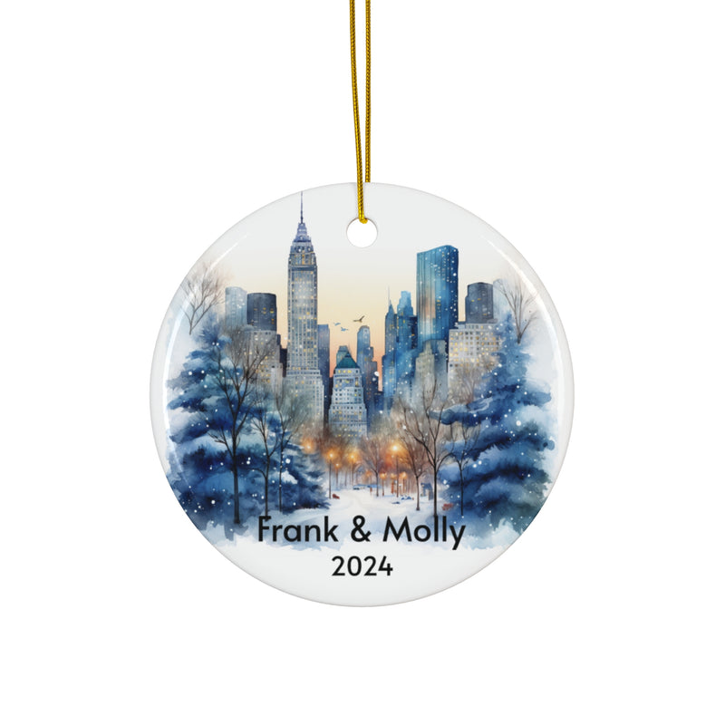 New York City Personalized Winter Scene Ceramic Ornament