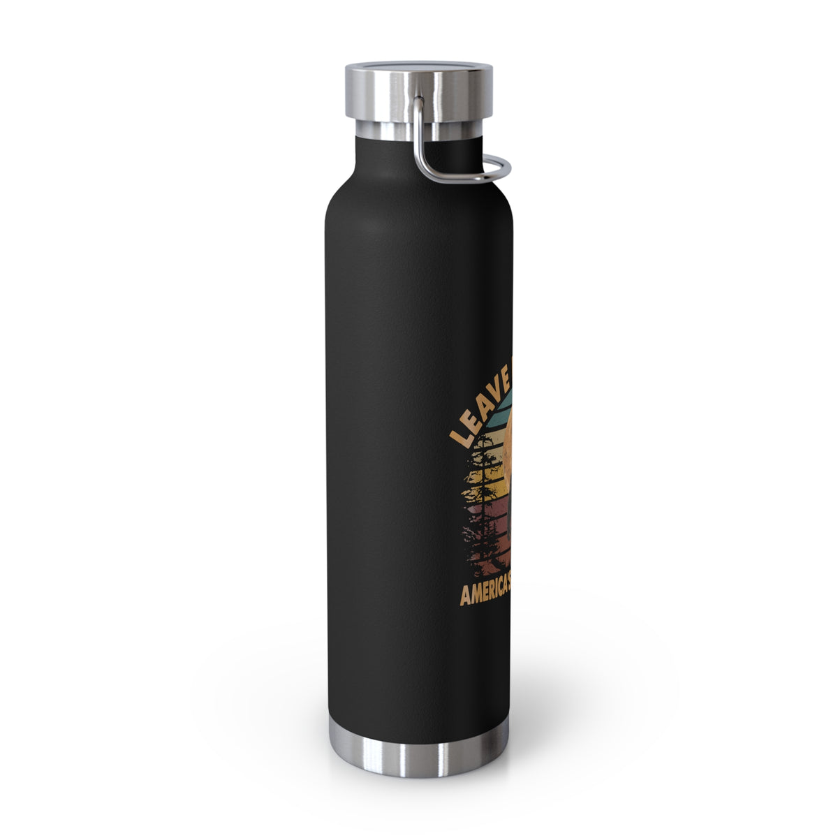 Water bottle with Leave No Trace design featuring a bear and forest scene under a full moon, promoting America's national parks.