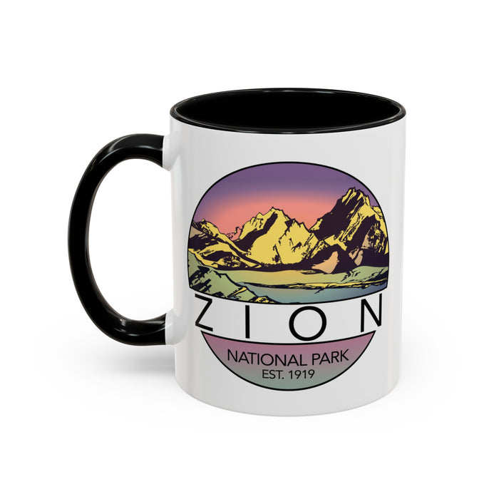 Ceramic mug featuring a mountain design of Zion National Park, perfect as a souvenir.