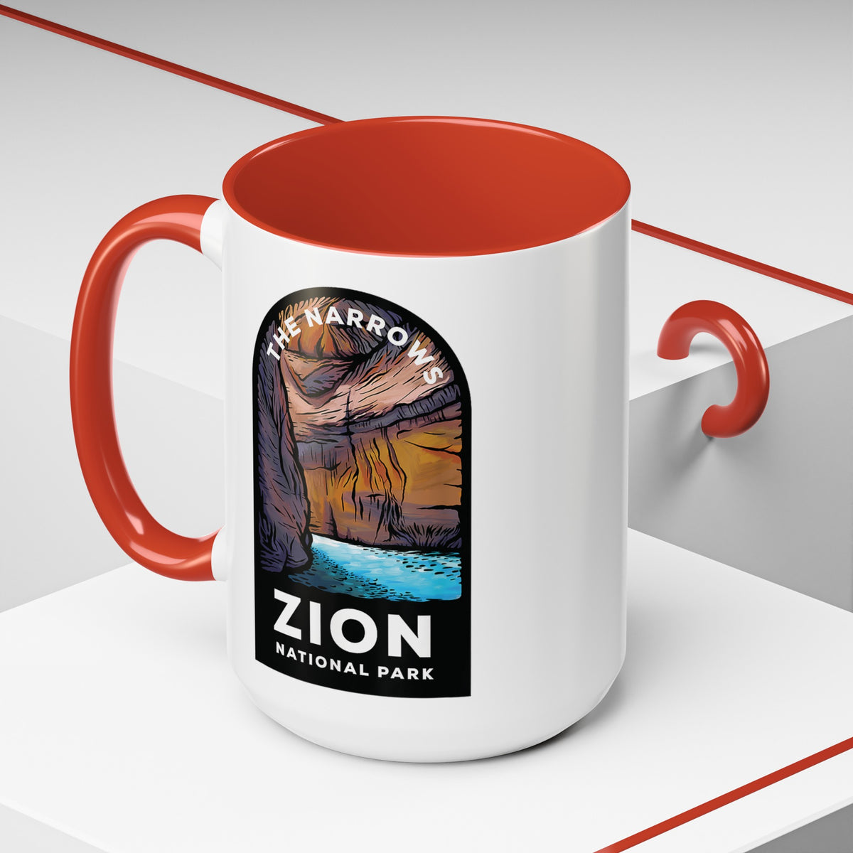 15 oz ceramic mug with red contrasting handle featuring a design of The Narrows at Zion National Park, perfect as a souvenir 