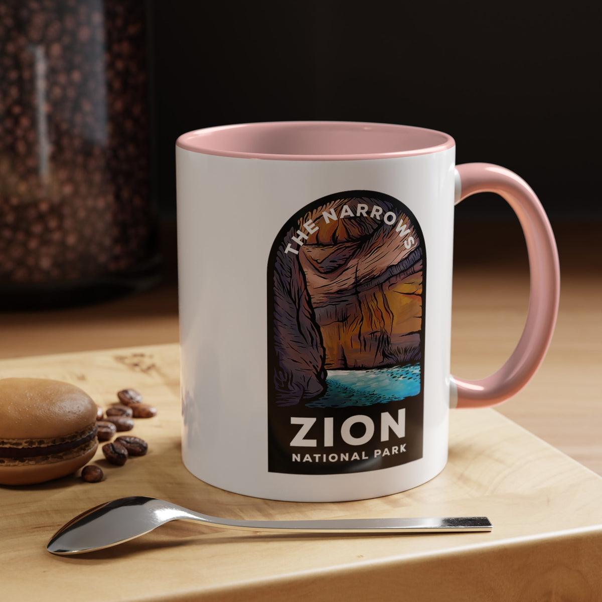 11 oz ceramic mug with pink contrasting handle featuring a design of The Narrows at Zion National Park, perfect as a souvenir.