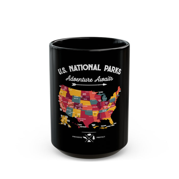 Black ceramic mug featuring a colorful map design of U.S. National Parks with the text "U.S. National Parks Adventure Awaits."