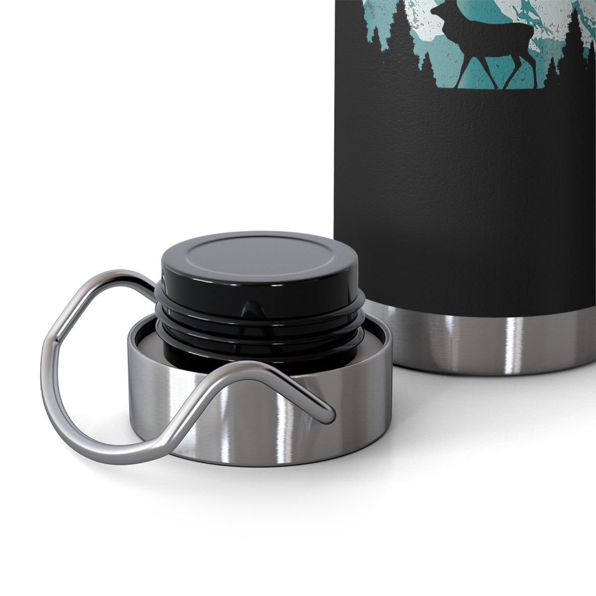 Stainless steel water bottle with a Mount Rainier National Park design, featuring a double-wall insulation and a durable powder-coated finish.