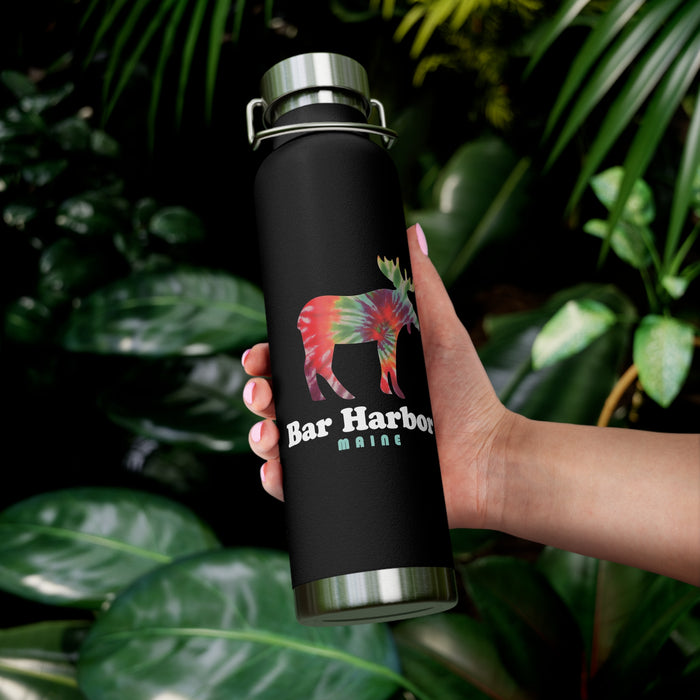 Stainless steel water bottle featuring a Bar Harbor, Maine design with a tie-dye moose illustration, durable powder-coated finish.