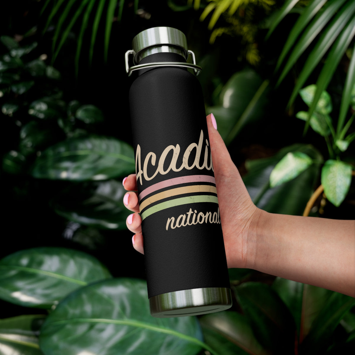 Stainless steel water bottle featuring an Acadia National Park design with retro stripes and durable powder-coated finish.