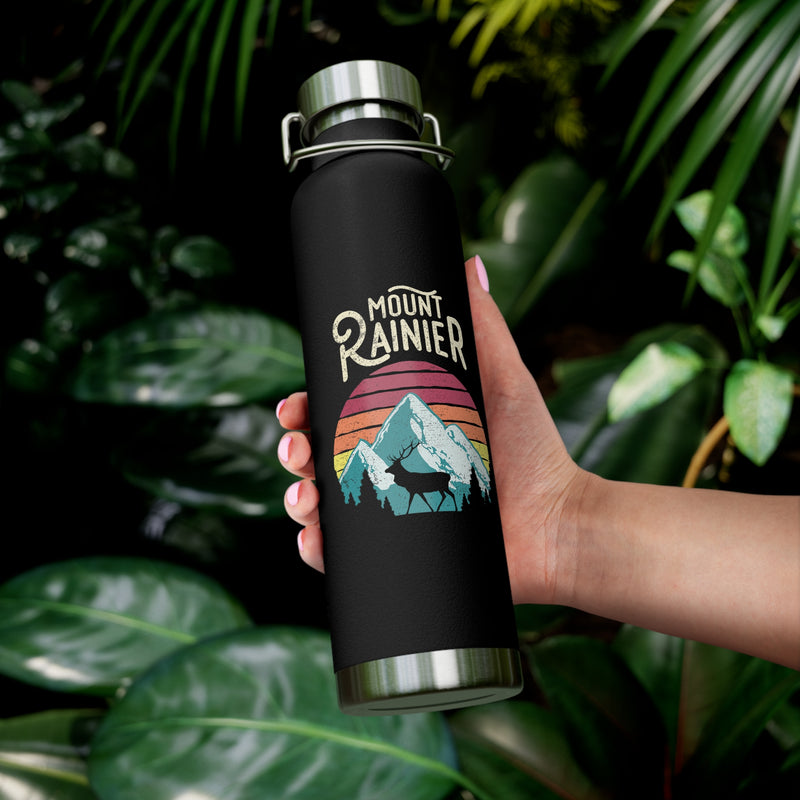 Stainless steel water bottle with a Mount Rainier National Park design, featuring a double-wall insulation and a durable powder-coated finish.