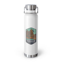 White stainless steel water bottle featuring a design of Pinnacles National Park with rock formations.