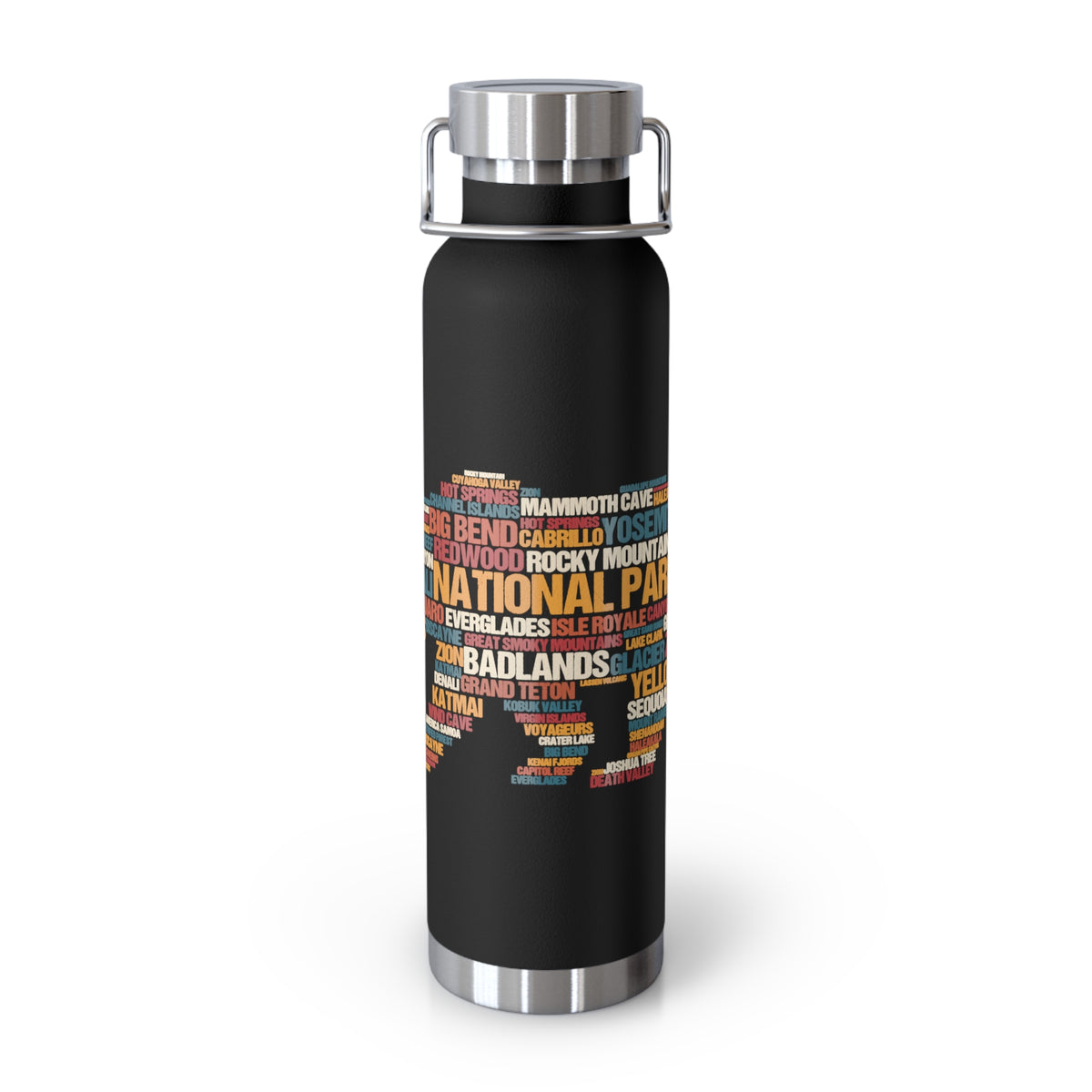 22oz vacuum insulated stainless steel water bottle with a word cloud design featuring names of various national parks.