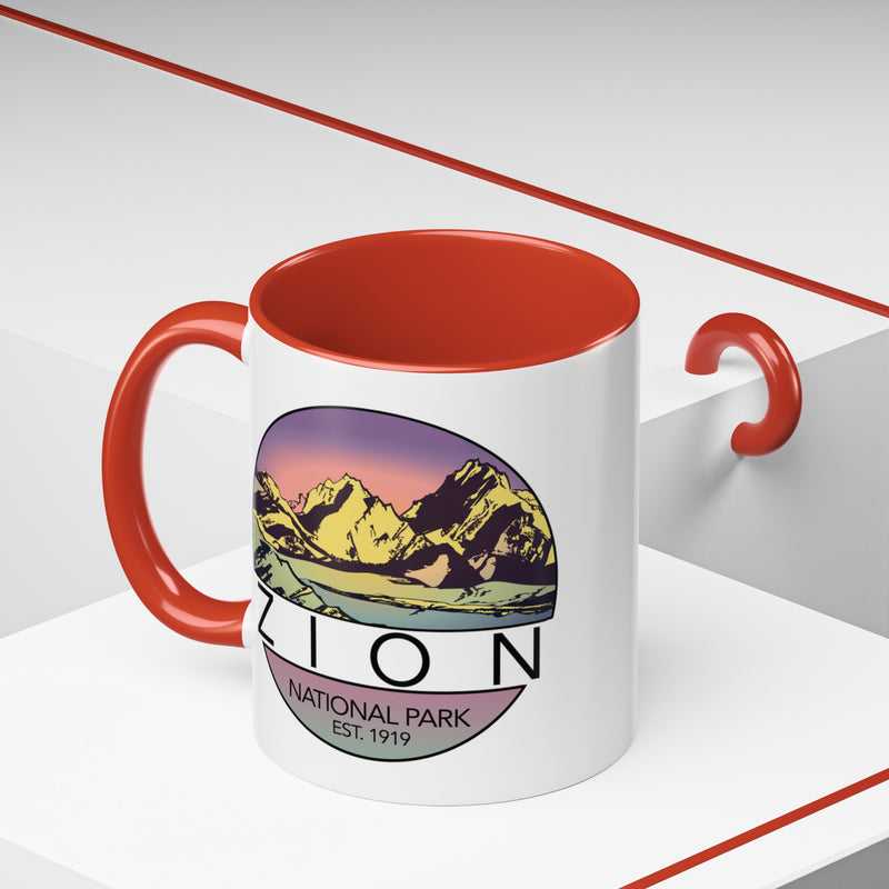 Ceramic mug featuring a mountain design of Zion National Park, perfect as a souvenir.