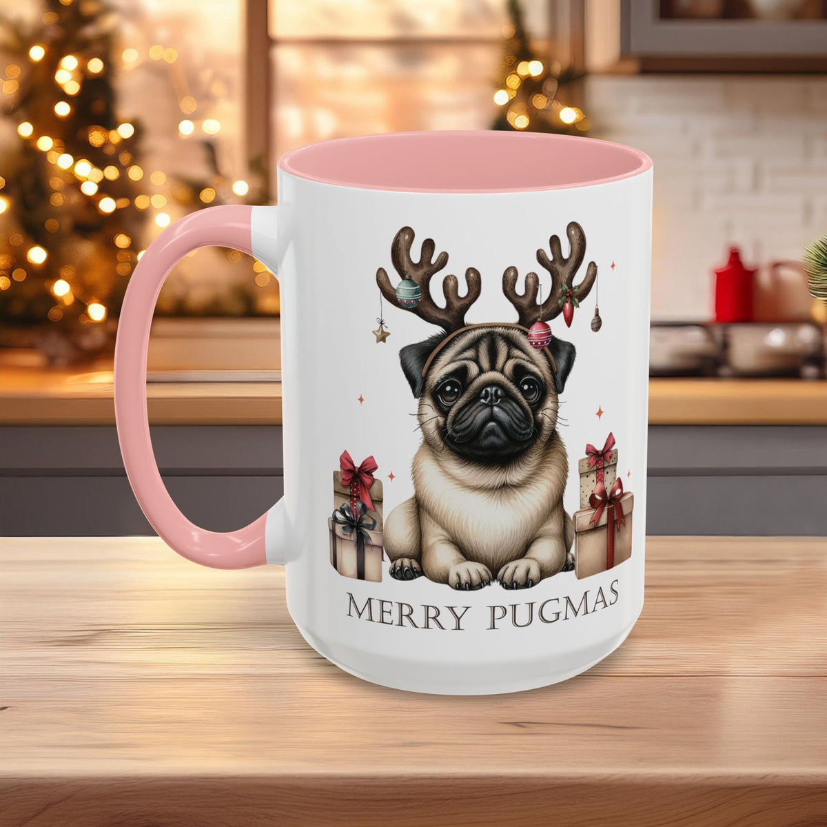 Merry Pugmas Christmas Mug, Cute Pug Dog Design with Free Shipping, Microwave and Dishwasher Safe