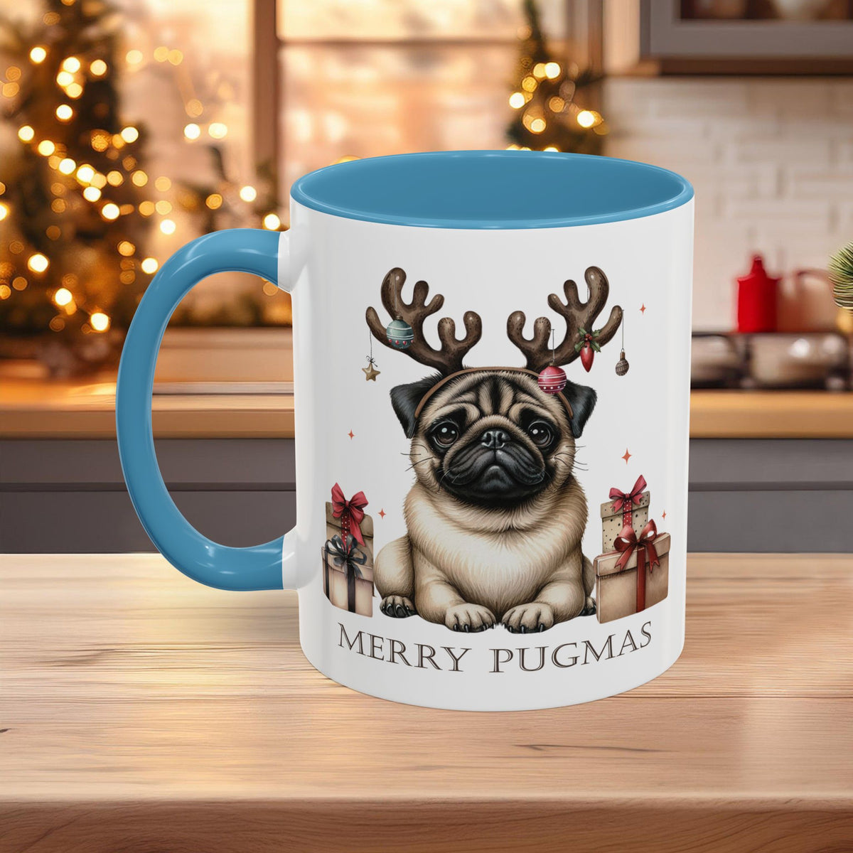 Merry Pugmas Christmas Mug, Cute Pug Dog Design with Free Shipping, Microwave and Dishwasher Safe