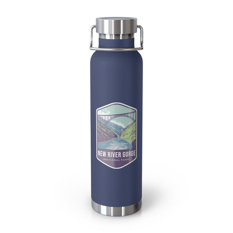 White stainless steel water bottle with a scenic design of New River Gorge National Park.