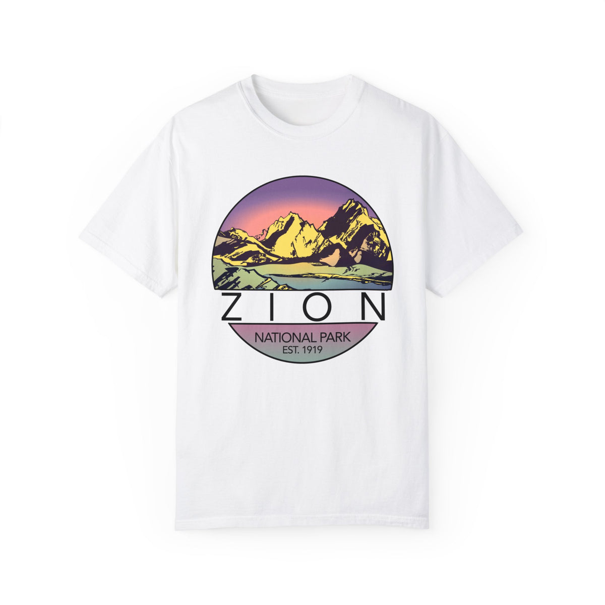 T-shirt featuring a sunset mountain design with Zion National Park text.