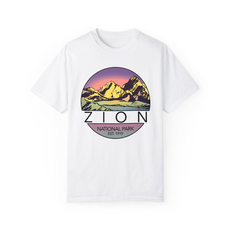 T-shirt featuring a sunset mountain design with Zion National Park text.