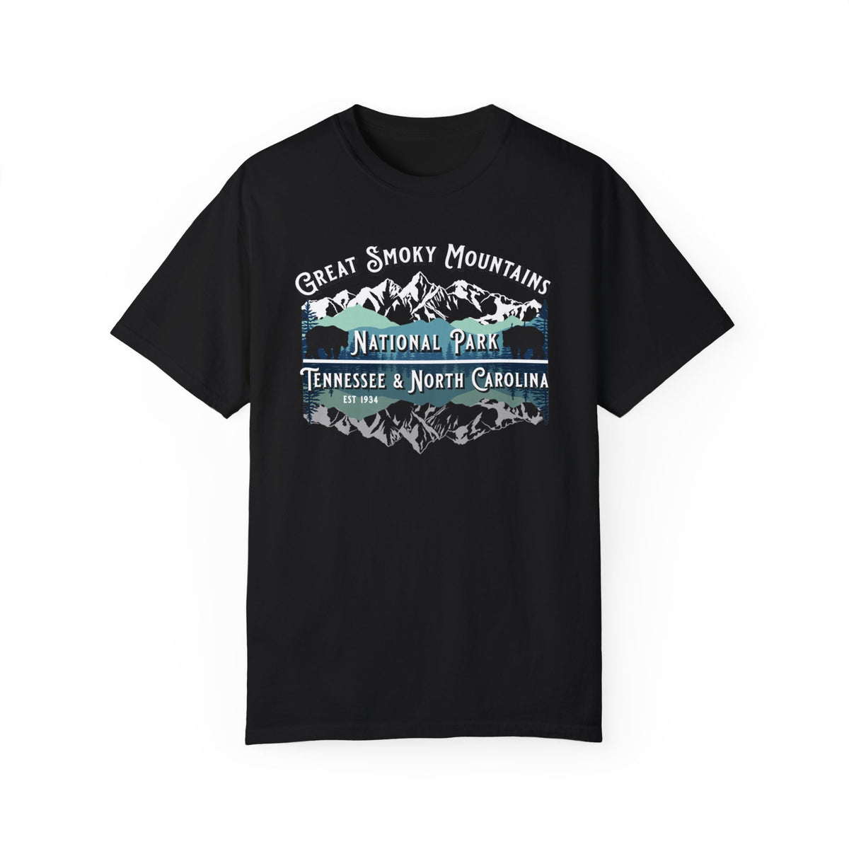 A T-shirt featuring a scenic design of the Great Smoky Mountains with a mountain range and text reading "Great Smoky Mountains National Park, Tennessee & North Carolina."